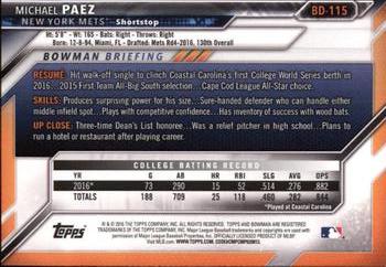 2016 Bowman Draft #BD-115 Michael Paez Back