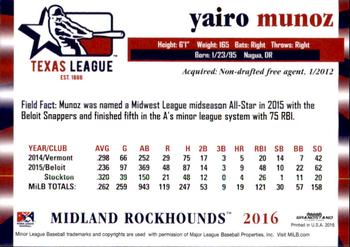 2016 Grandstand Texas League Top Prospects #NNO Yairo Munoz Back