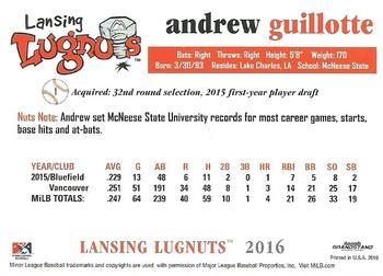 2016 Grandstand Lansing Lugnuts #NNO Andrew Guillotte Back