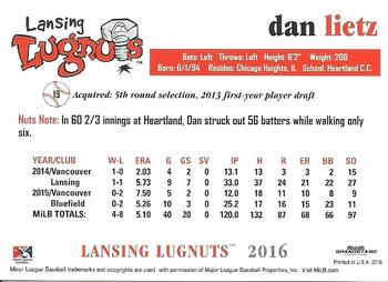 2016 Grandstand Lansing Lugnuts #NNO Dan Lietz Back