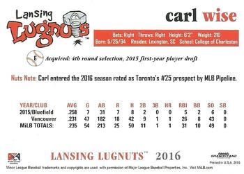 2016 Grandstand Lansing Lugnuts #NNO Carl Wise Back