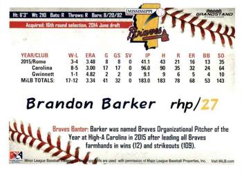 2016 Grandstand Mississippi Braves #NNO Brandon Barker Back