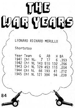 1977 TCMA The War Years #84 Leonard Merullo Back