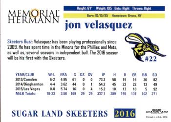 2016 Grandstand Sugar Land Skeeters #NNO Jon Velasquez Back