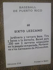 1972 Puerto Rican Winter League Stickers #68 Sixto Lezcano Back