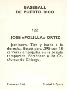 1972 Puerto Rican Winter League Stickers #122 Jose Ortiz Back