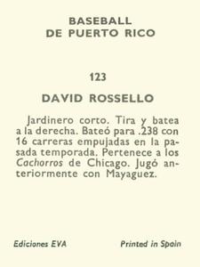 1972 Puerto Rican Winter League Stickers #123 David Rosello Back