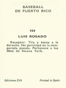 1972 Puerto Rican Winter League Stickers #154 Luis Rosado Back
