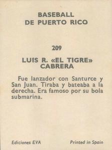 1972 Puerto Rican Winter League Stickers #209 Luis Cabrera Back