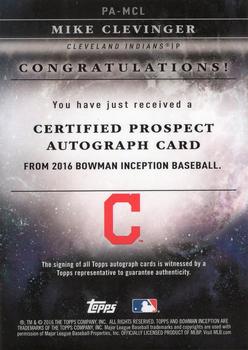 2016 Bowman Inception - Prospect Autographs #PA-MCL Mike Clevinger Back
