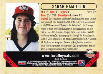 2016 Choice Tri-City ValleyCats #39 Sarah Hamilton Back