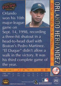 1999 Pacific #292 Orlando Hernandez Back