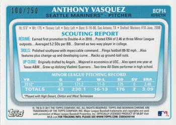 2011 Bowman - Chrome Prospects Blue Refractors #BCP14 Anthony Vasquez Back