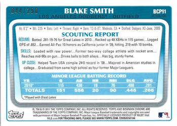 2011 Bowman - Chrome Prospects Blue Refractors #BCP91 Blake Smith Back