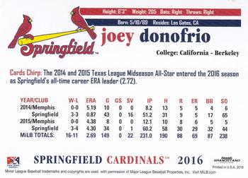2016 Grandstand Springfield Cardinals #NNO Joey Donofrio Back