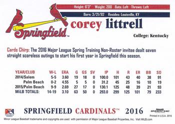 2016 Grandstand Springfield Cardinals #NNO Corey Littrell Back