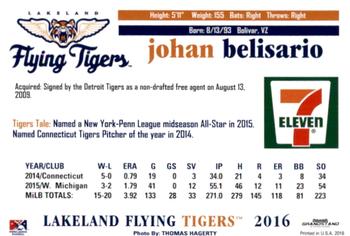 2016 Grandstand Lakeland Flying Tigers #NNO Johan Belisario Back