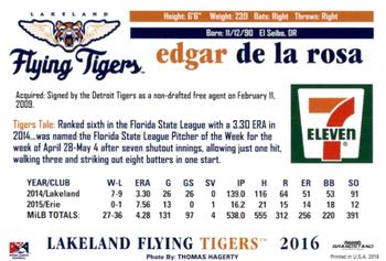 2016 Grandstand Lakeland Flying Tigers #NNO Edgar De La Rosa Back