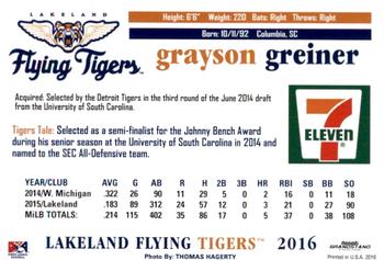 2016 Grandstand Lakeland Flying Tigers #NNO Grayson Greiner Back