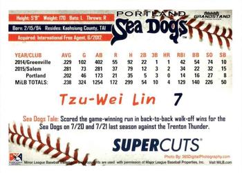 2016 Grandstand Portland Sea Dogs #NNO Tzu-Wei Lin Back