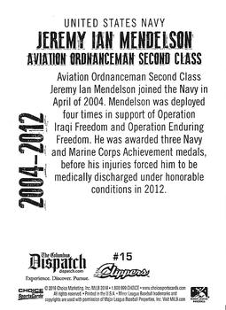 2016 Choice Columbus Clippers Military Appreciation #15 Jeremy Ian Mendelson Back