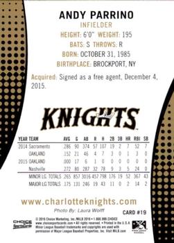 2016 Choice Charlotte Knights #19 Andy Parrino Back