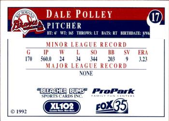 1992 Bleacher Bums Richmond Braves #17 Dale Polley Back