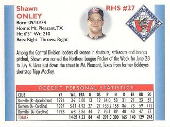 1999 Winnipeg Goldeyes #NNO Shawn Onley Back