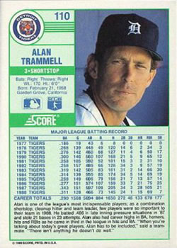 1989 Score #110 Alan Trammell Back