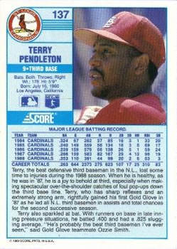 1989 Score #137 Terry Pendleton Back