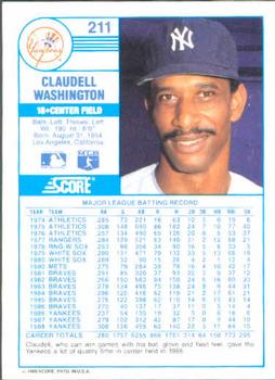 1989 Score #211 Claudell Washington Back