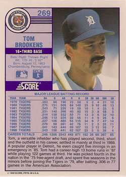1989 Score #269 Tom Brookens Back