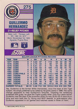 1989 Score #275 Guillermo Hernandez Back
