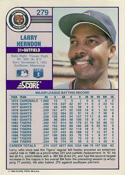 1989 Score #279 Larry Herndon Back