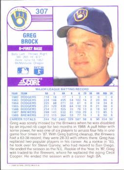 1989 Score #307 Greg Brock Back