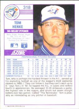 1989 Score #318 Tom Henke Back