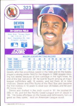 1989 Score #323 Devon White Back