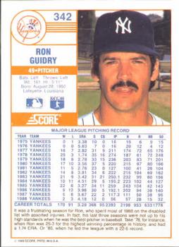 1989 Score #342 Ron Guidry Back