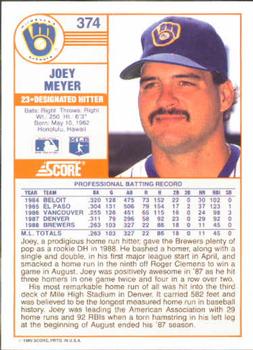 1989 Score #374 Joey Meyer Back