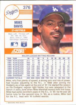 1989 Score #376 Mike Davis Back