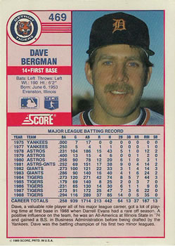 1989 Score #469 Dave Bergman Back