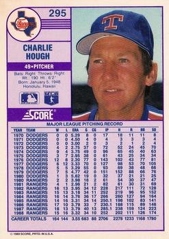 1989 Score #295 Charlie Hough Back