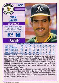 1989 Score #322 Stan Javier Back
