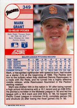 1989 Score #349 Mark Grant Back
