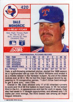 1989 Score #420 Dale Mohorcic Back