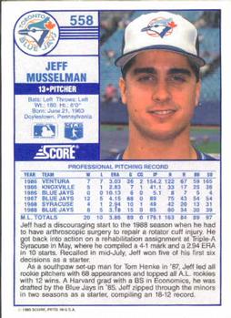 1989 Score #558 Jeff Musselman Back