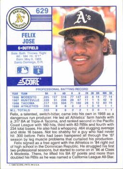 1989 Score #629 Felix Jose Back