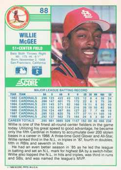 1989 Score #88 Willie McGee Back