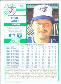 1989 Score #98 Ernie Whitt Back