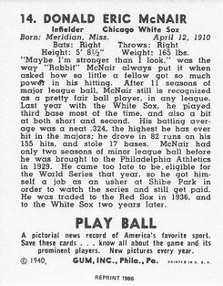 1986 1940 Play Ball (Reprint) #14 Eric McNair Back